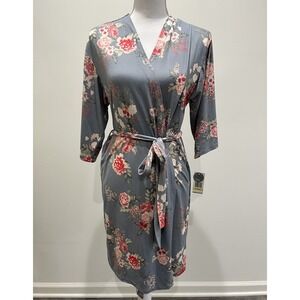 NEW Flora Nikrooz Robe Gray Floral Long Sleeve Multicolor Sz‎ M Buttery Soft Tie